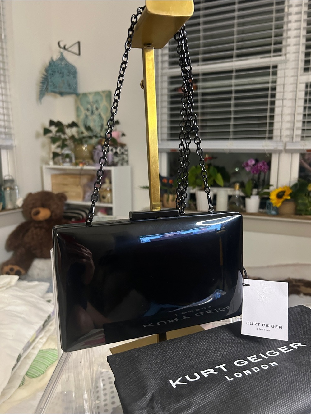 Kurt Geiger Black Patent Crystal Box Clutch with Chain Strap 8”x 1.25”x 4.5” NWT